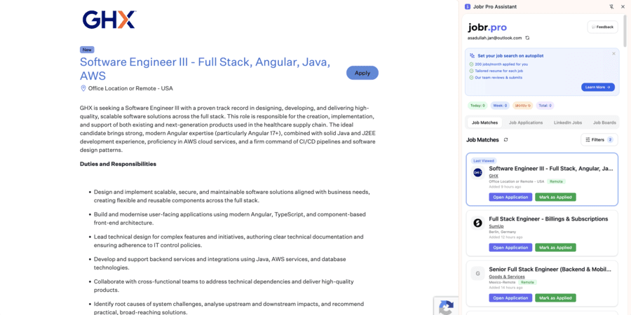 Jobr Chrome extension sidepanel showing matched jobs and application tracker