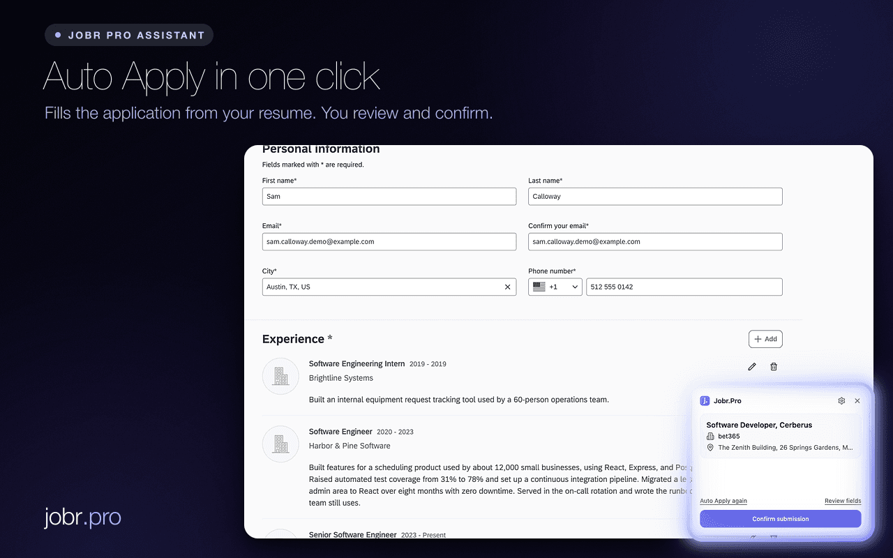 Auto Apply in one click: an application form filled in by Jobr, with the Jobr panel asking you to confirm