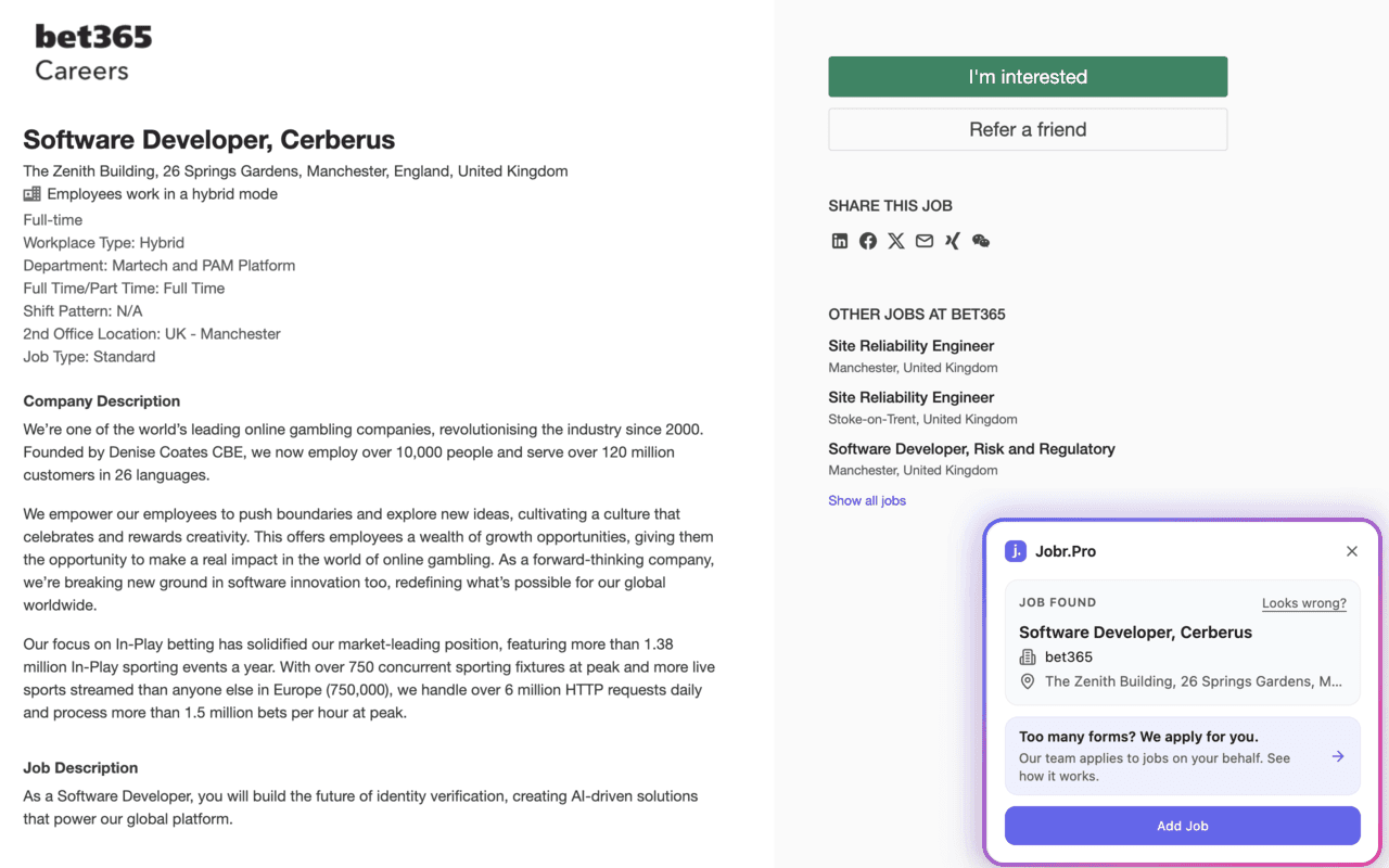 The Jobr panel on a job posting, showing the job it found and an Add Job button
