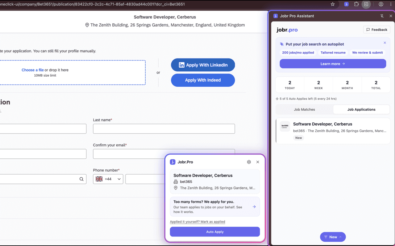 The Jobr side panel listing saved jobs with their application status