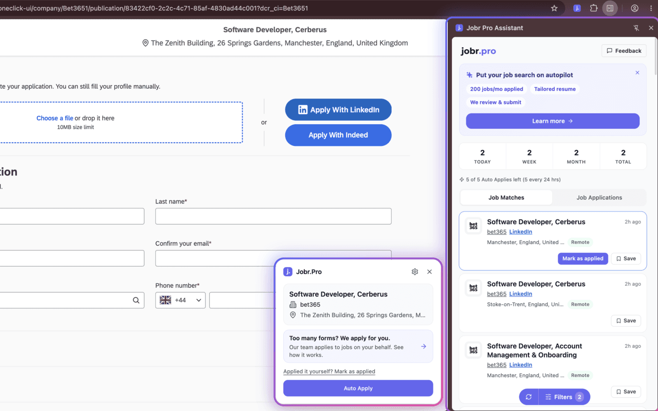 The Jobr side panel listing fresh job matches next to an application form
