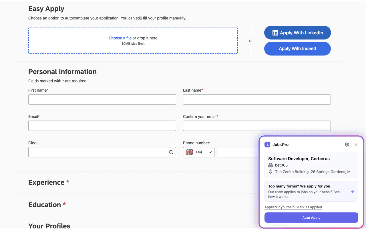 An application form with the Jobr panel offering Auto Apply